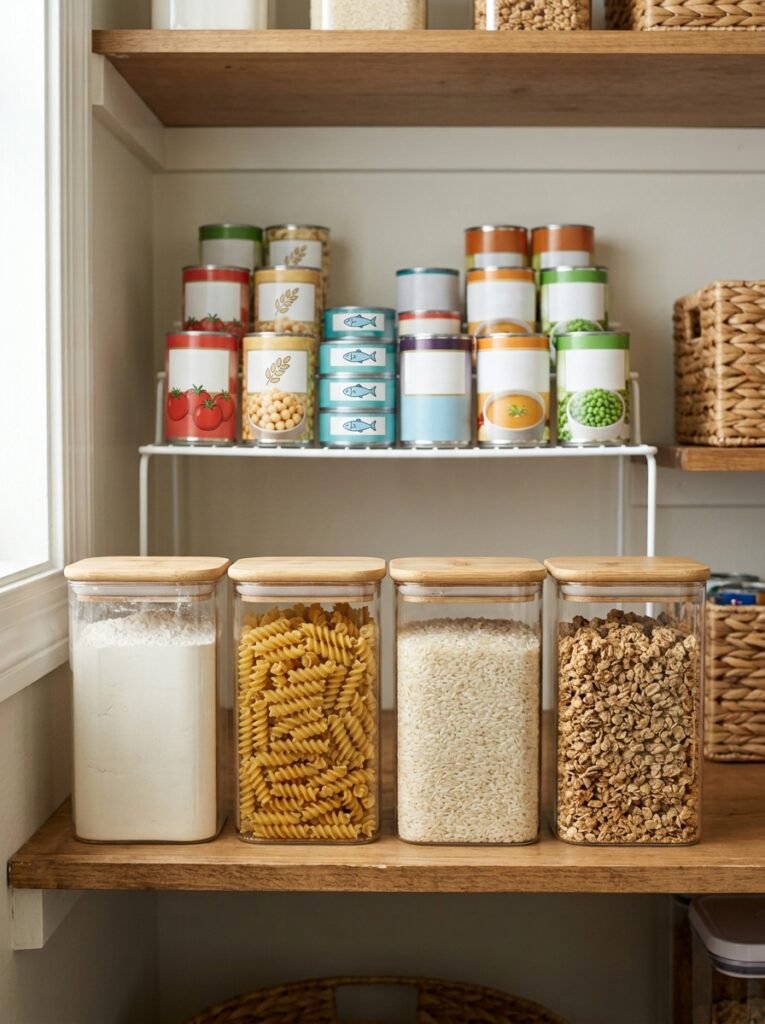 Matching airtight containers and a tiered can riser organizing a small kitchen pantry