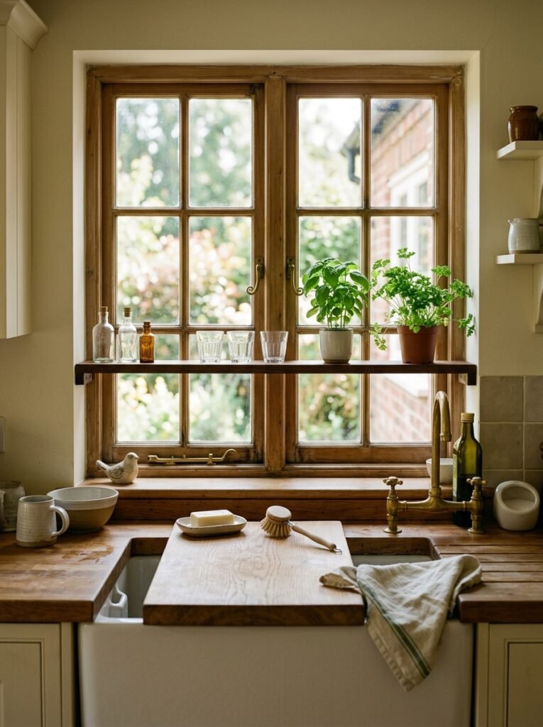 Board across a kitchen sink and a slim window shelf holding herbs and glasses