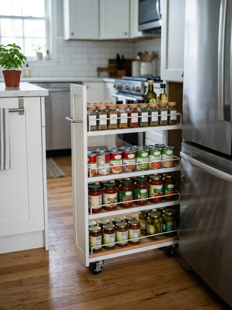 Slim pull-out storage cart rolled out from a narrow gap beside the refrigerator