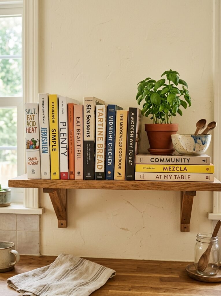 Cookbooks displayed on kitchen shelf with plant and candle