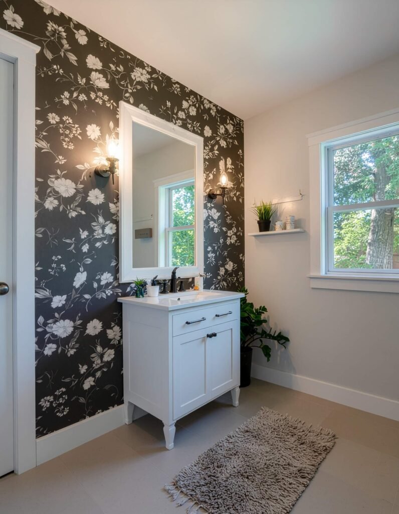 bold wallpaper accent wall small bathroom