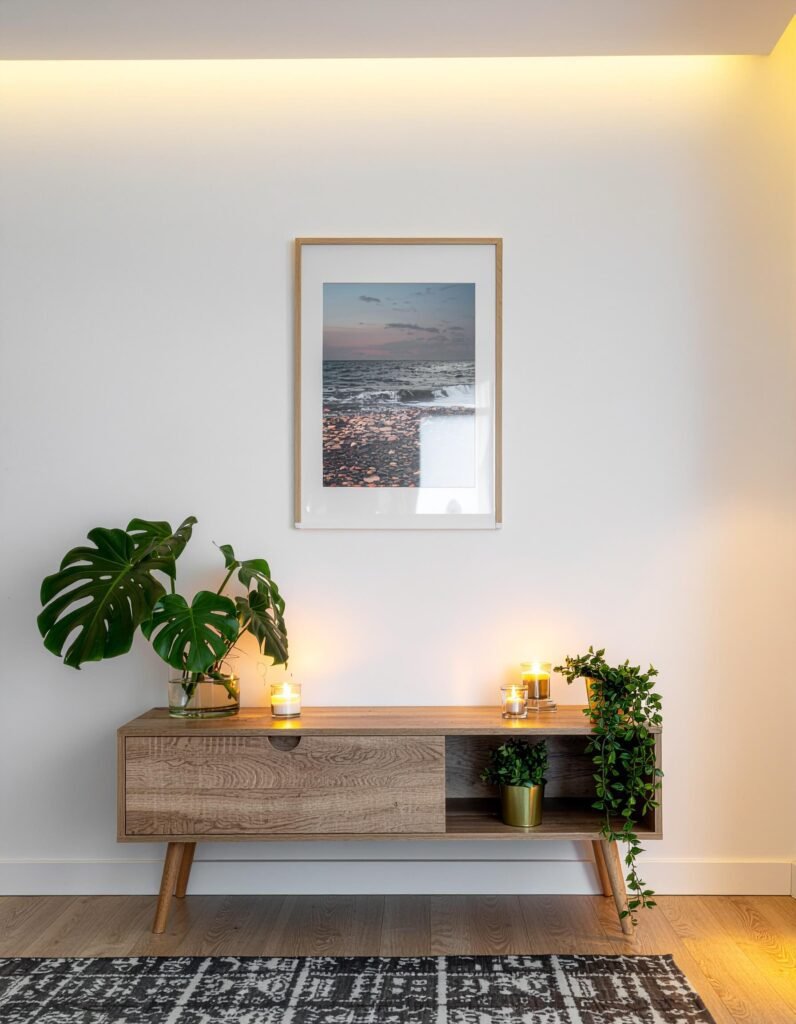 modern living room with a large framed artwork