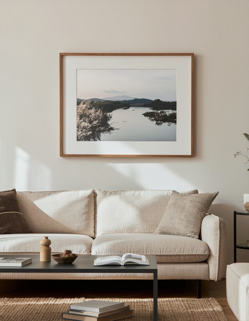 framed art print hung above a sofa