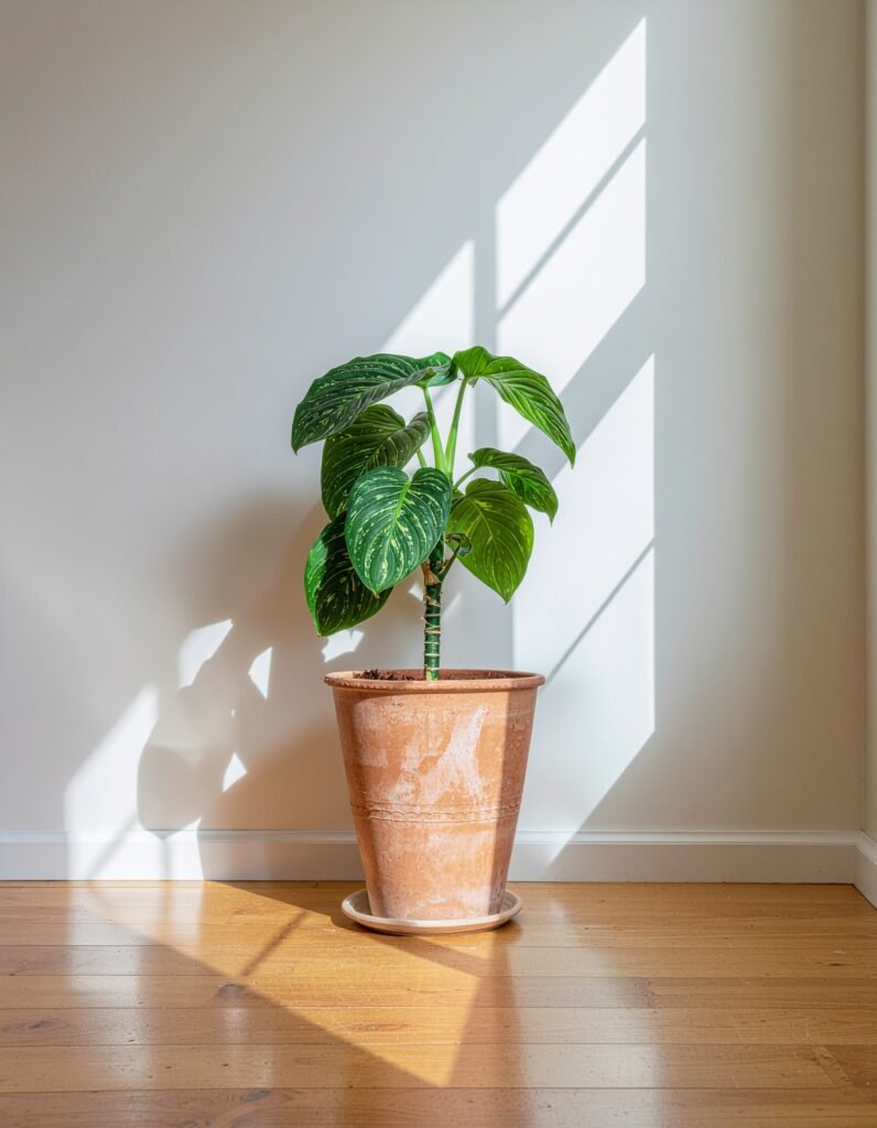 healthy pothos plant in a plain terracotta pot 