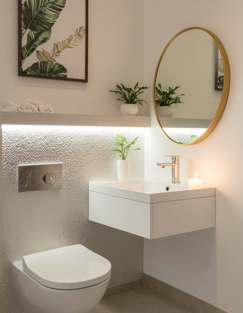elegant bathroom with large round gold mirror