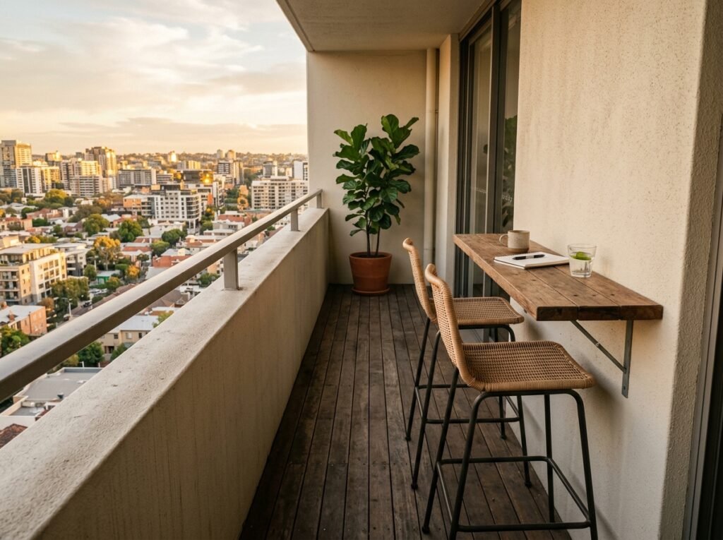 Apartment balcony with two counter-height stools at a narrow wall-side table, view clear above the rail