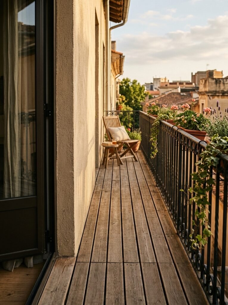 Single slim folding chair angled along a narrow balcony with a small stool beside it as a side table