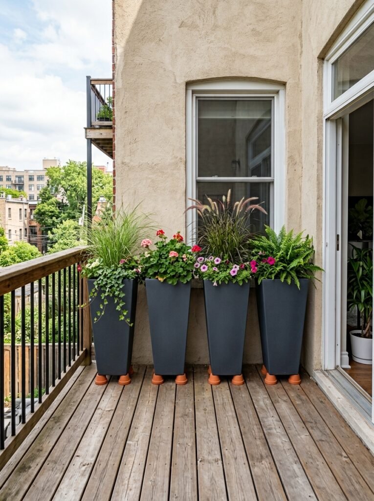 Large resin planters on pot feet placed along a terrace wall rather than the railing edge