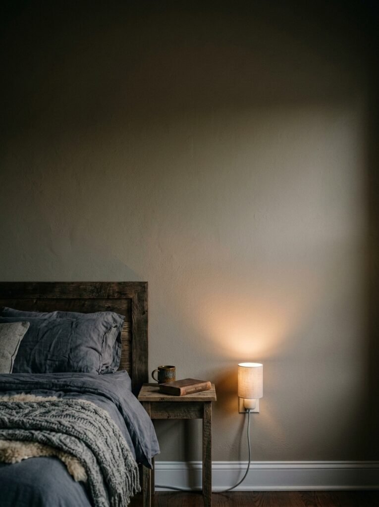 Plug-in wall light washing a plain bedroom wall with warm light and a soft gradient