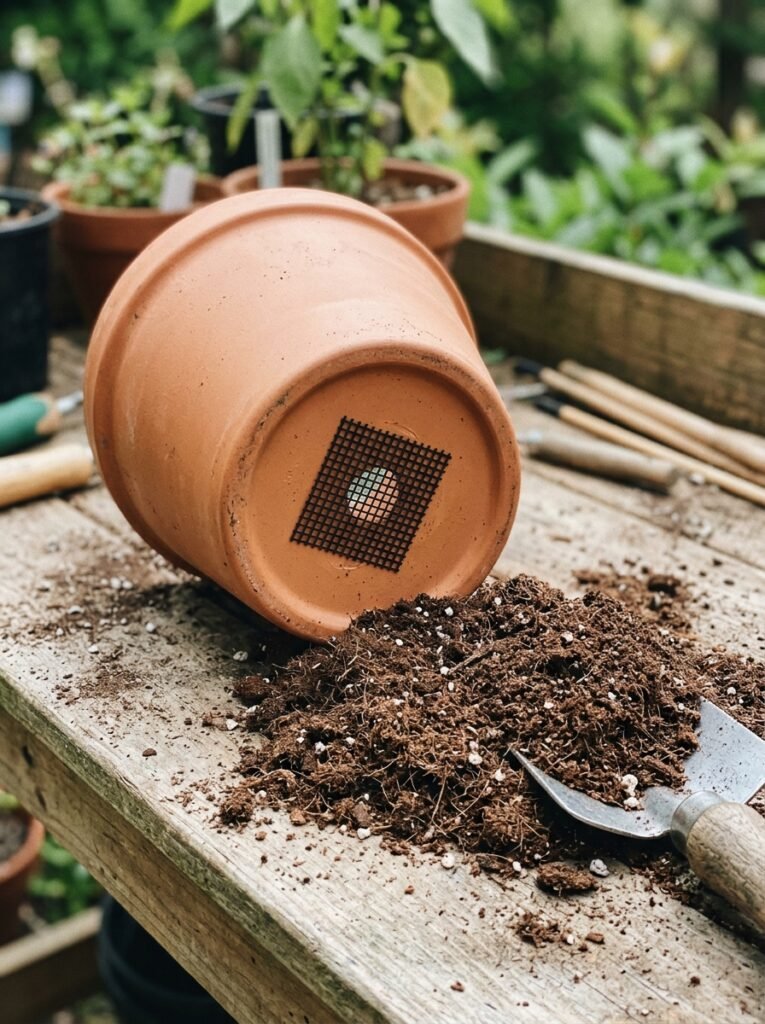 Drainage hole in the base of a plant pot covered with mesh instead of gravel