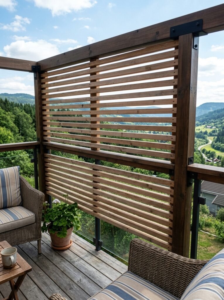 Slatted wood privacy screen on a terrace with visible gaps between the boards