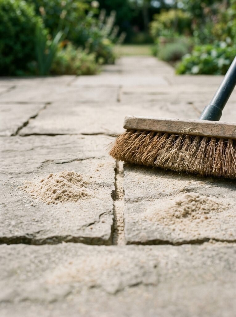 Jointing sand being swept into paving joints with a stiff brush across dry slabs