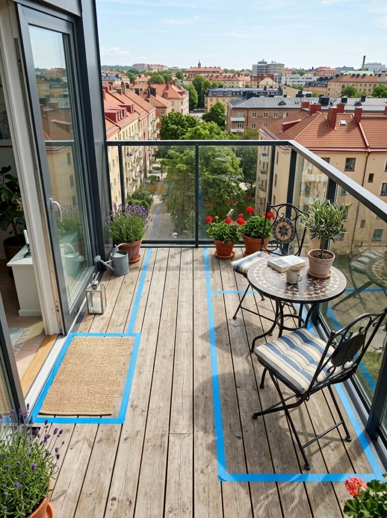 Small terrace laid out with a bistro table and a clear walking path to the