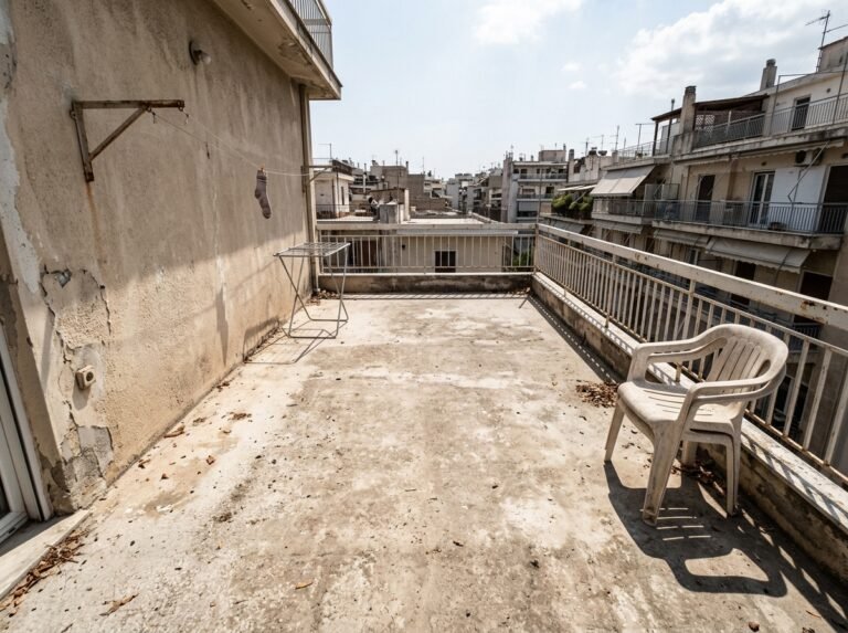 Empty garden terrace with a single unused chair pushed against the railing