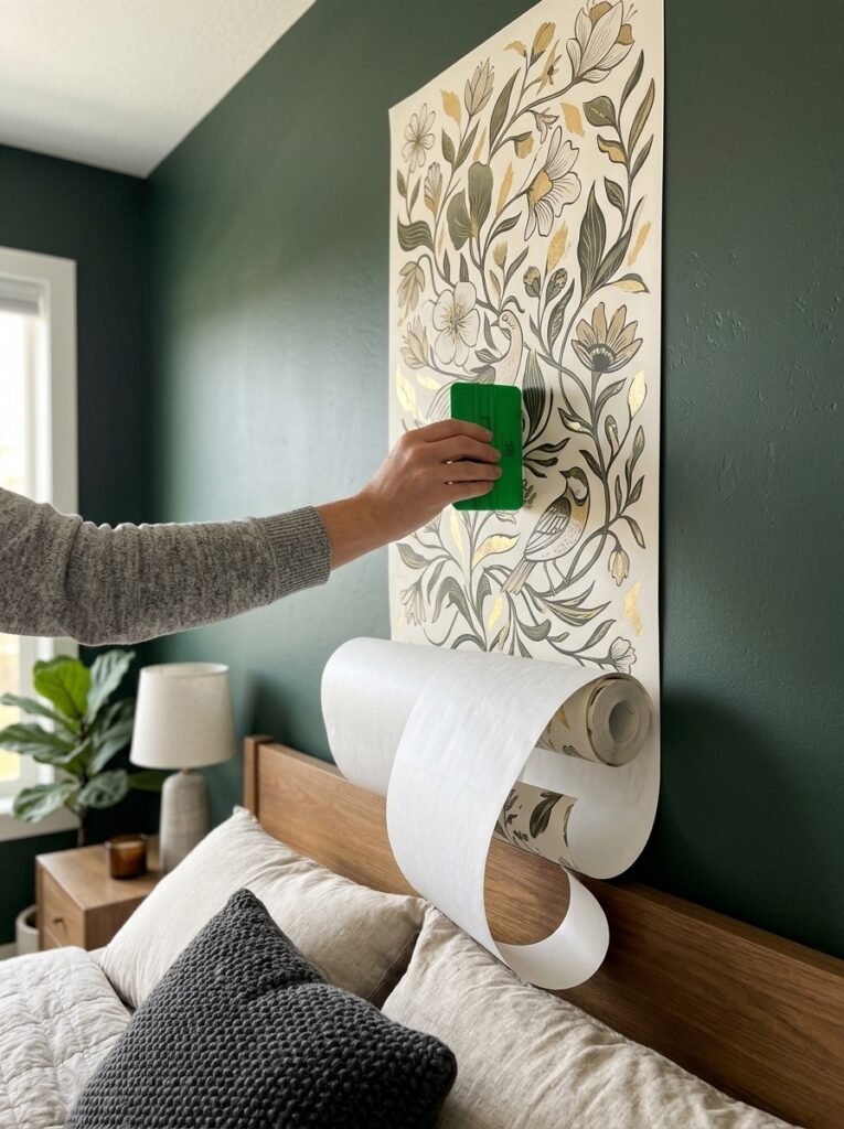 Single panel of patterned peel-and-stick wallpaper being smoothed onto the wall behind a bed