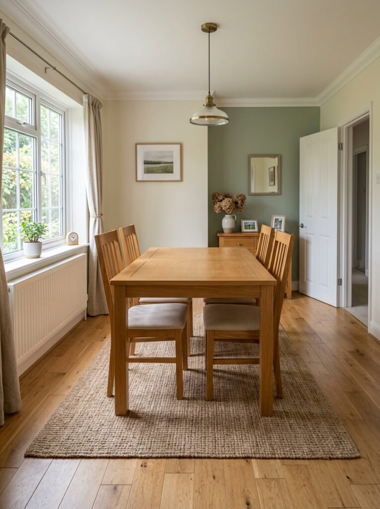 Empty small dining room in daylight with the table set but unoccupied