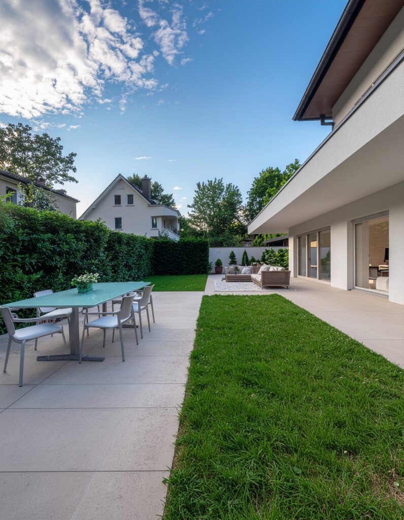 Backyard divided into a dining zone and a separate lounge zone