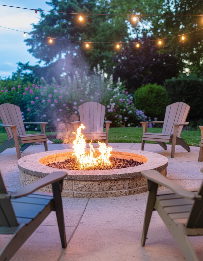 Fire pit serving as the focal point of a backyard seating area