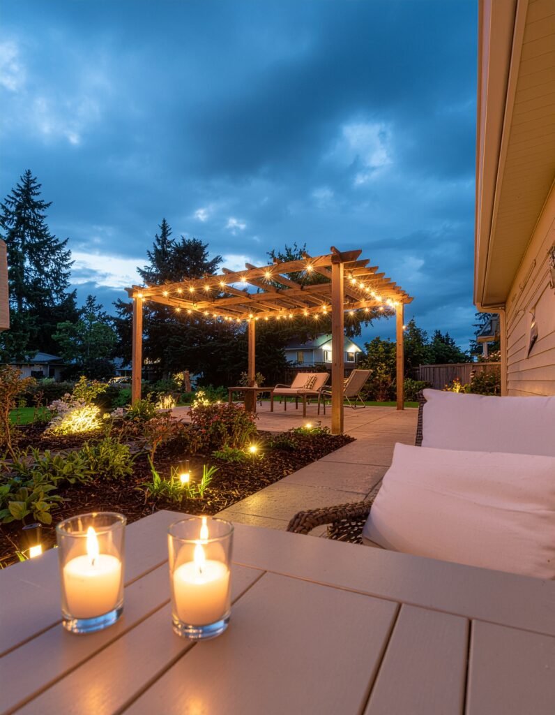 Backyard patio illuminated with string lights and candles at twilight
