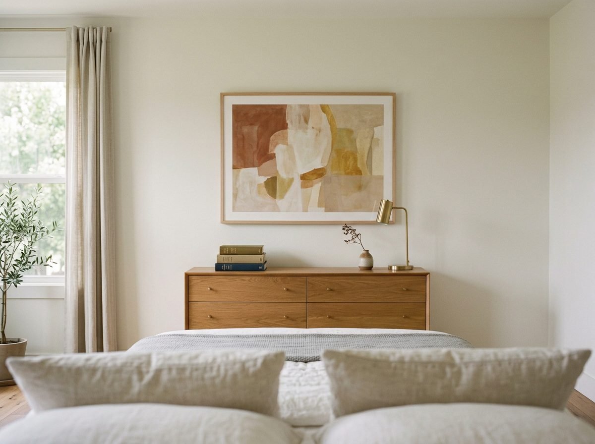 Calm bedroom photographed from the pillow position showing a single large artwork on the wall facing the bed