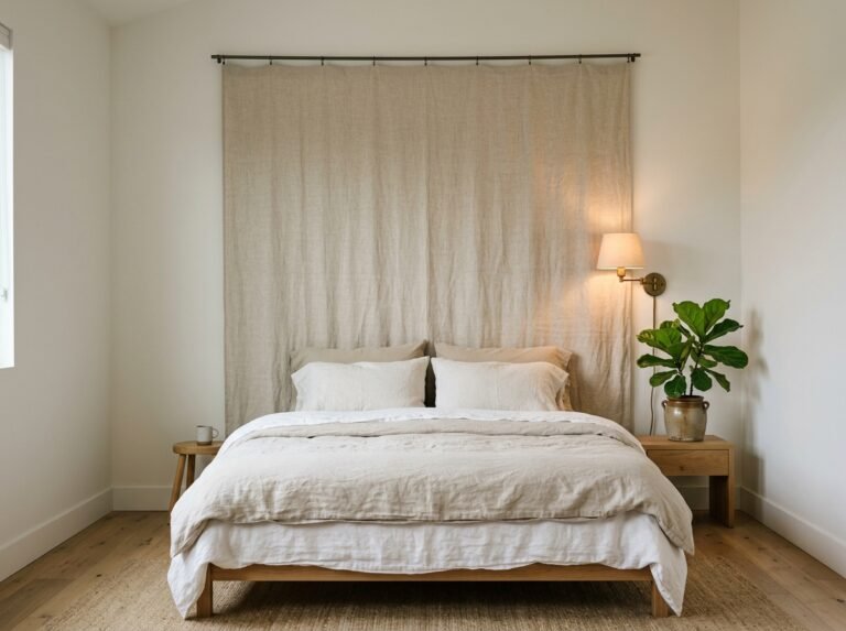 Bedroom wall covered with a wide fabric panel hung from a ceiling rod above a low bed, with no paint used