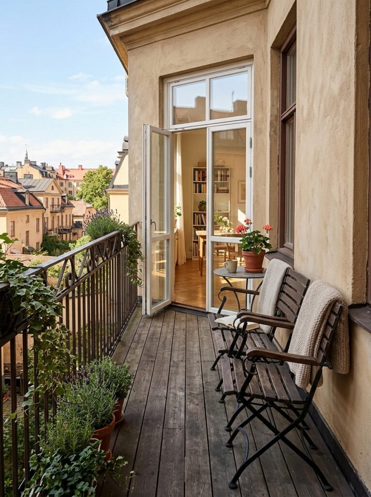 Two balcony chairs angled toward the same corner leaving a clear walking strip to the door