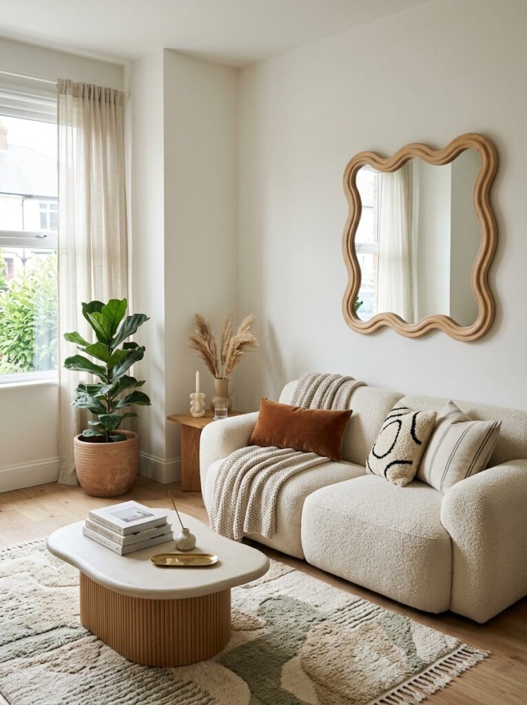 Wavy scalloped mirror and a large cloud sofa shown as shapes designers are moving away from