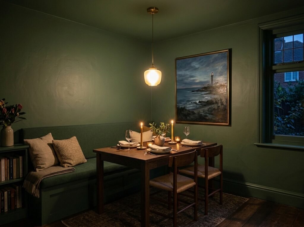 Small dining room in a deep color with matching ceiling, a wall banquette and warm candlelight