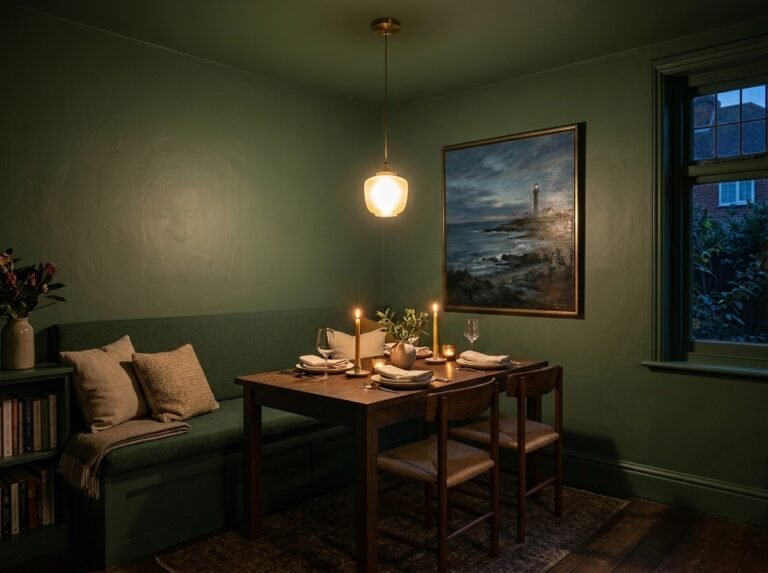 Small dining room in a deep color with matching ceiling, a wall banquette and warm candlelight