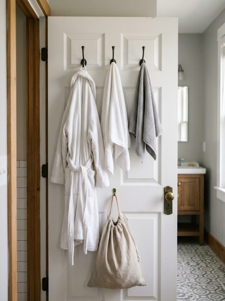 Back of a bathroom door fitted with hooks holding a robe and a hanging laundry bag