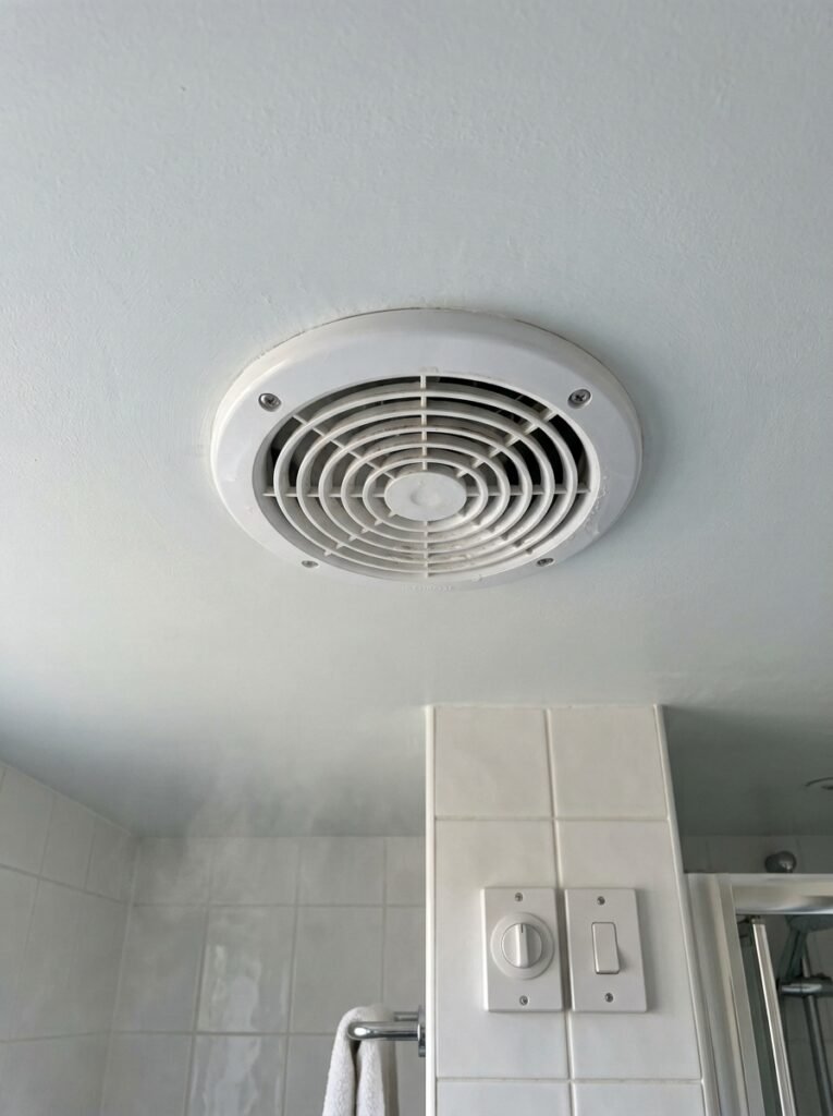 Bathroom extractor fan with a timer switch on the wall beside the light switch