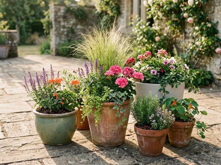 Grouped container garden with terracotta and glazed pots planted with flowers and herbs on a patio