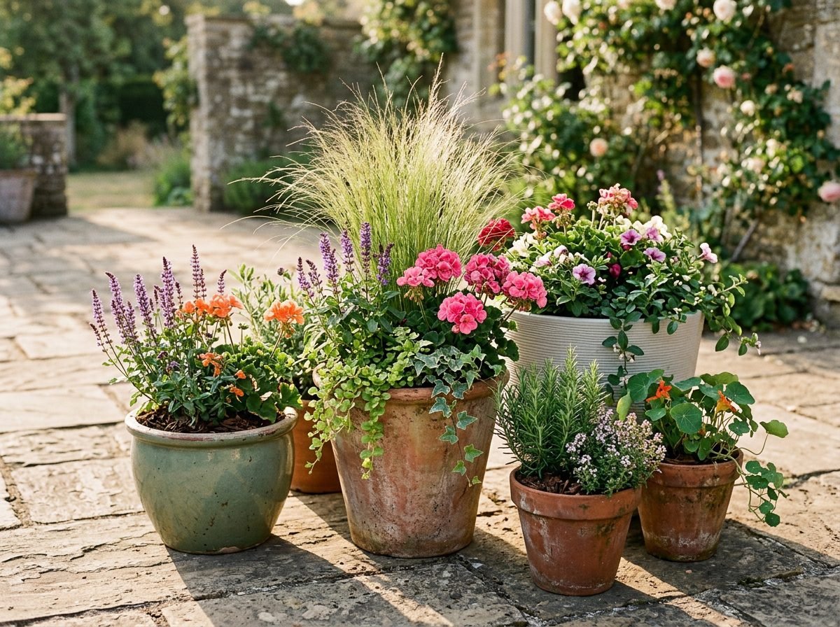 Grouped container garden with terracotta and glazed pots planted with flowers and herbs on a patio
