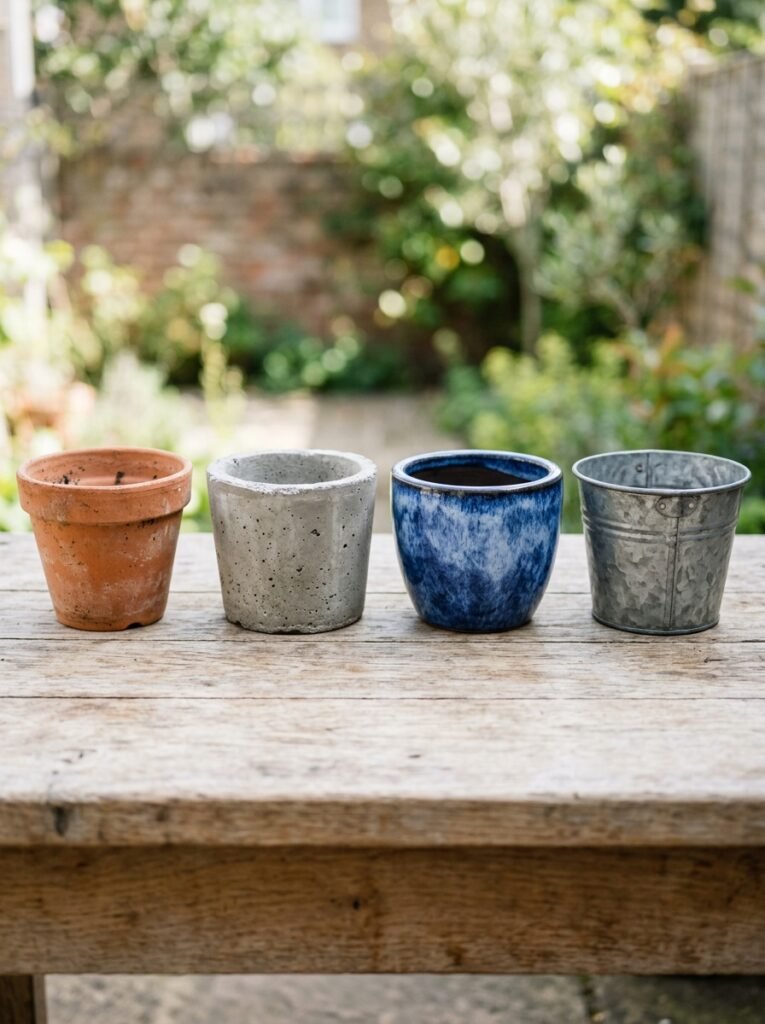 Terracotta, glazed ceramic, plastic and fabric plant pots lined up side by side