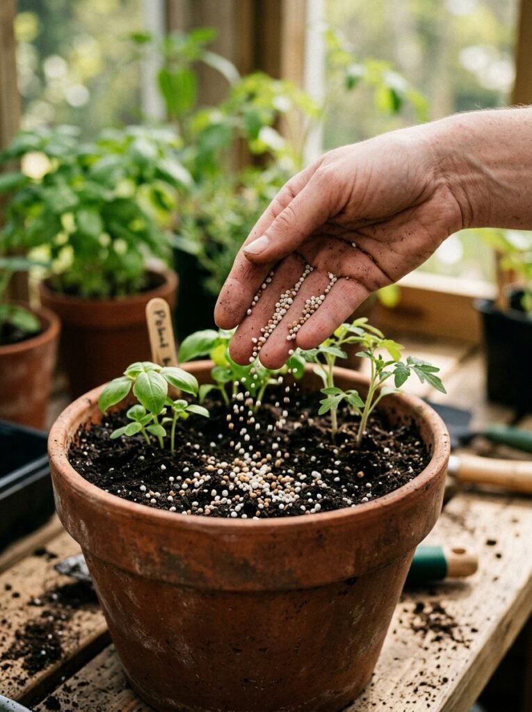Slow release fertilizer granules being mixed into potting soil in a container
