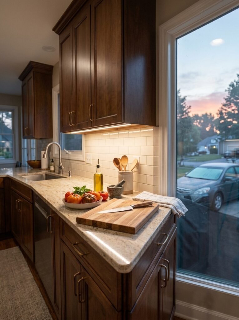 Kitchen counter lit from under the cabinets, removing the shadow cast by someone standing at it