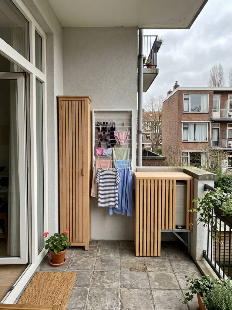 Small balcony with a fold-flat drying rack, a slim storage cabinet and a screened air conditioning unit