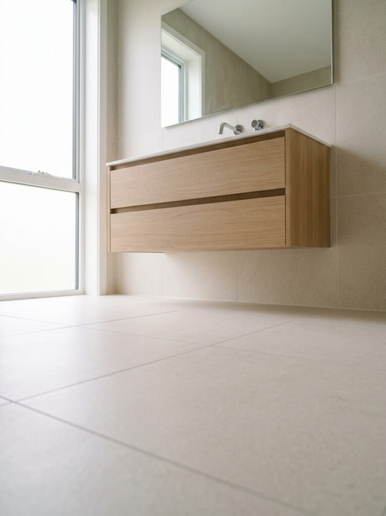 Wall-hung vanity with clear tiled floor running underneath it in a small bathroom