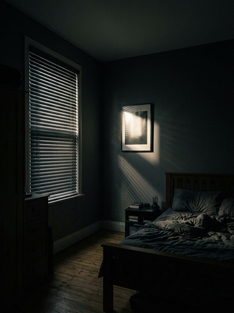 Dark bedroom at night with a glazed picture frame catching streetlight from the window