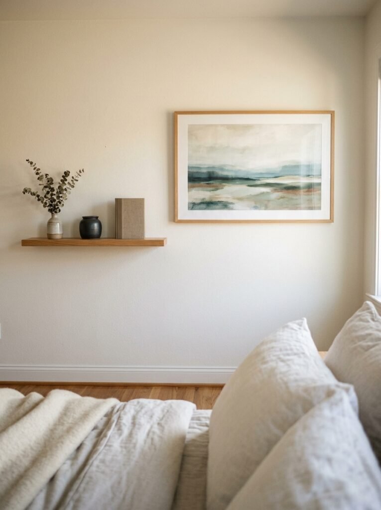 Wall facing a bed styled with one large artwork and a narrow shelf, seen from bed height