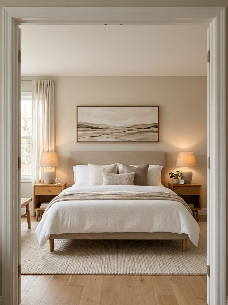 Wide artwork centred above a bed with matching lamps and nightstands on both sides