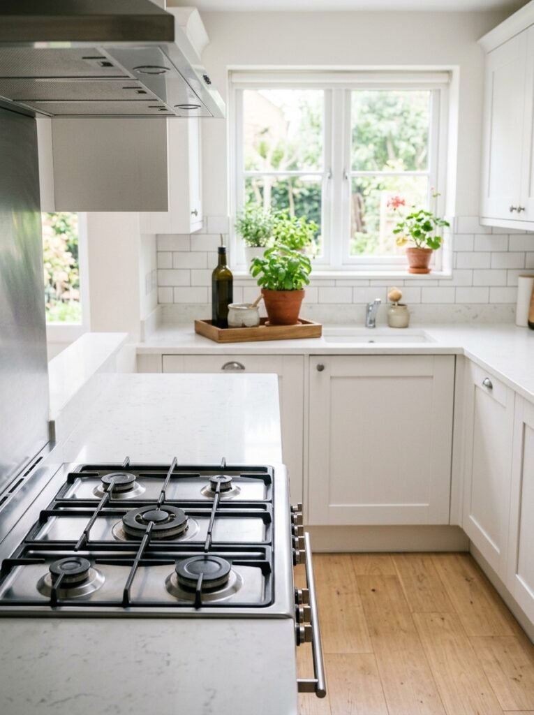 Small kitchen with one completely clear prep counter and a styled run at the far end from the stove