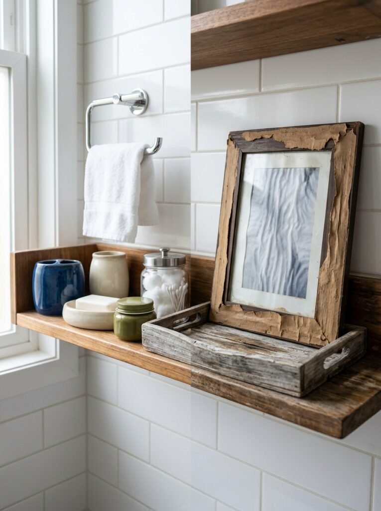 Glazed ceramic, glass and stainless bathroom items grouped beside a damp warped wooden one