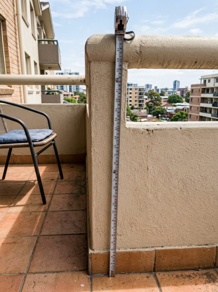Tape measure held vertically against a balcony balustrade to check its height from the floor