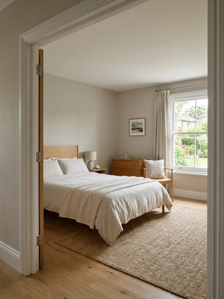 Bedroom seen from the doorway with the bed, the facing wall and a window all in one frame