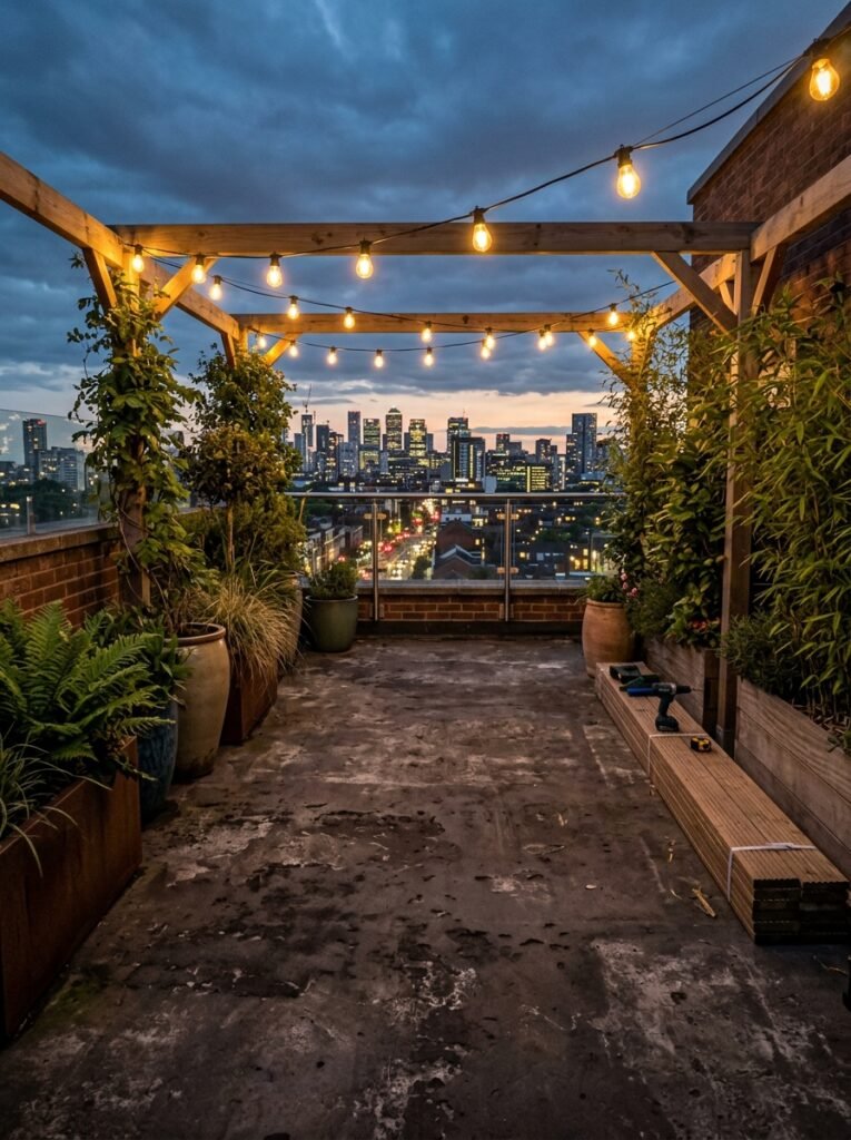 Layered rooftop lighting combining string lights and an uplit tall plant