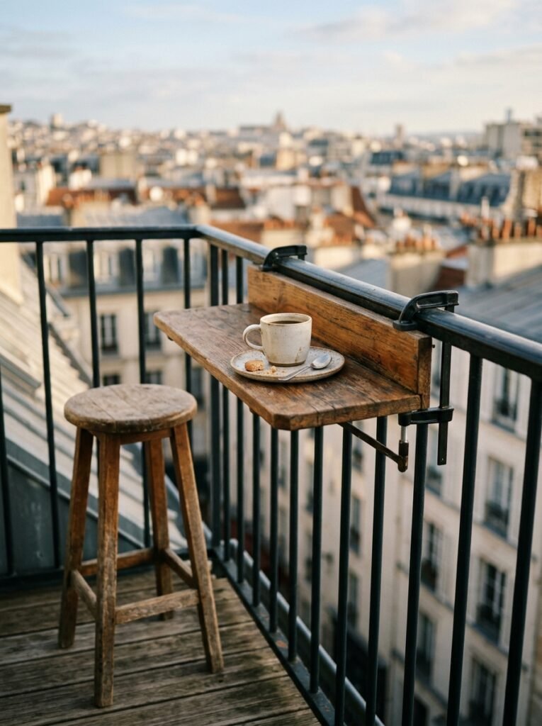 Fold-down timber shelf clamped to a balcony railing holding a coffee cup, with a tall stool beside it