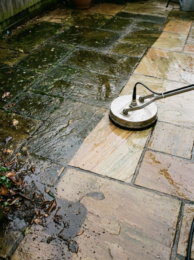 Patio half cleaned, showing the contrast between the washed section and the untouched grimy surface