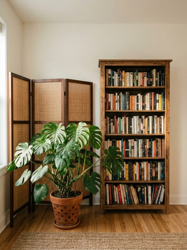 Tall bookcase and a floor lamp filling a bedroom corner instead of covering the wall behind them
