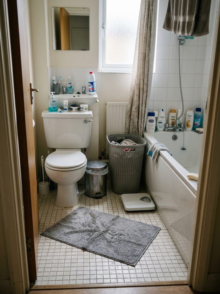 Cluttered small bathroom floor with a bath mat, pedal bin, laundry basket and scales